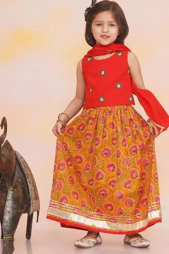 Red-mustard embroidered cotton choli & lehenga set for girls
