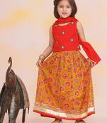 Red-mustard embroidered cotton choli & lehenga set for girls