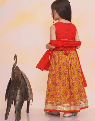 Red-mustard embroidered cotton choli & lehenga set for girls 2