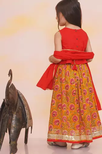 Red-mustard embroidered cotton choli & lehenga set for girls