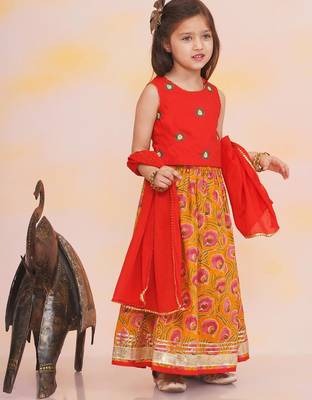Red-mustard embroidered cotton choli & lehenga set for girls 3