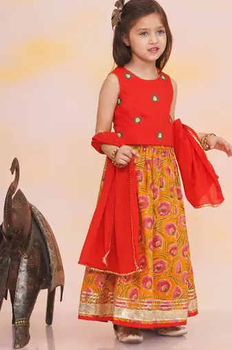 Red-mustard embroidered cotton choli & lehenga set for girls