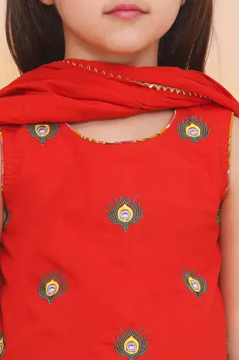 Red-mustard embroidered cotton choli & lehenga set for girls