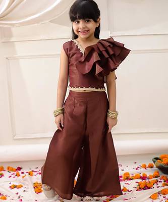 Brown solid gold silk top with palazzo set for girls 1