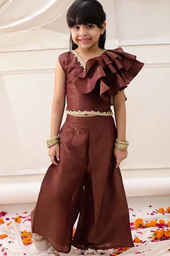 Brown solid gold silk top with palazzo set for girls