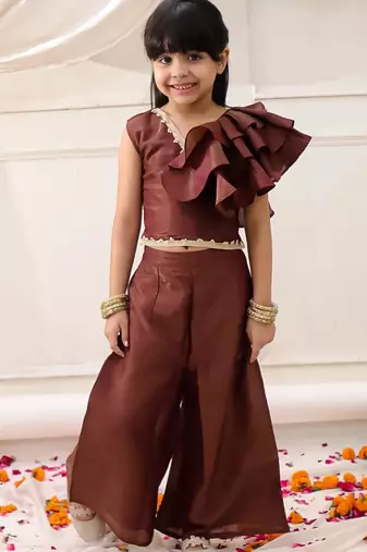 Brown solid gold silk top with palazzo set for girls