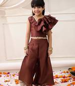 Brown solid gold silk top with palazzo set for girls