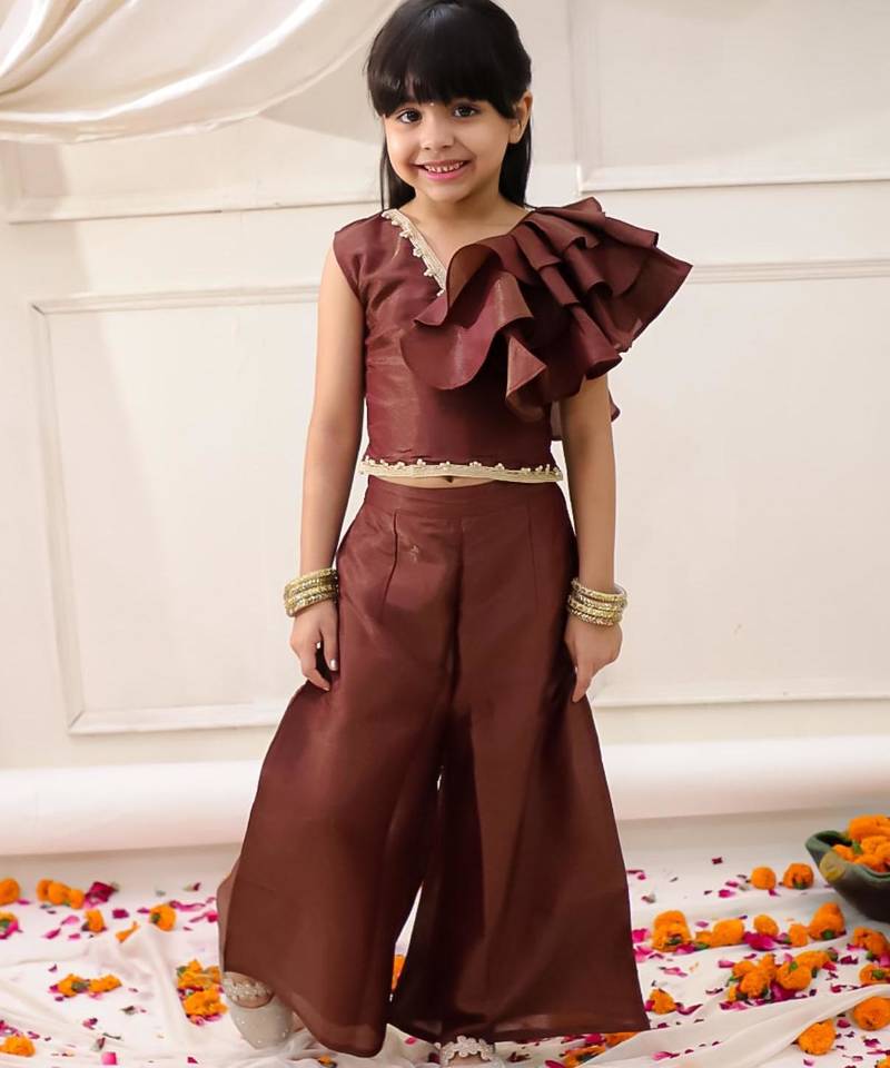 Brown solid gold silk top with palazzo set for girls