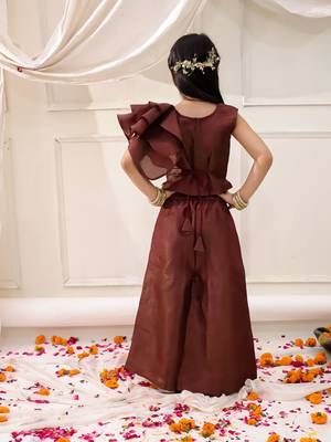 Brown solid gold silk top with palazzo set for girls 2