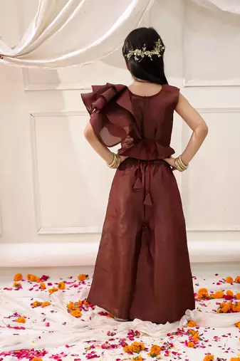Brown solid gold silk top with palazzo set for girls