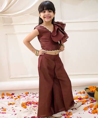 Brown solid gold silk top with palazzo set for girls 3