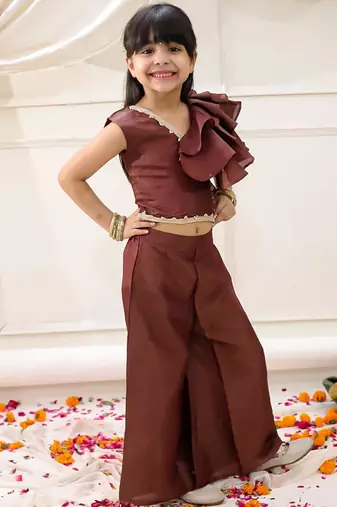 Brown solid gold silk top with palazzo set for girls