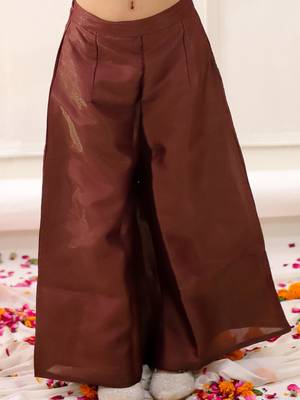 Brown solid gold silk top with palazzo set for girls 5