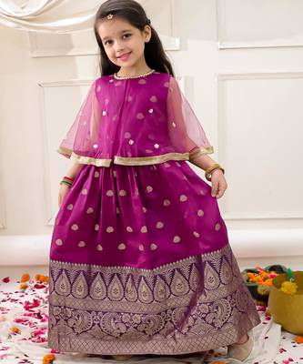 Purple embroidered jacquard silk gown pattu for girls 1