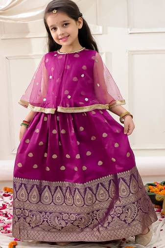 Purple embroidered jacquard silk gown pattu for girls