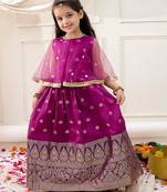 Purple embroidered jacquard silk gown pattu for girls