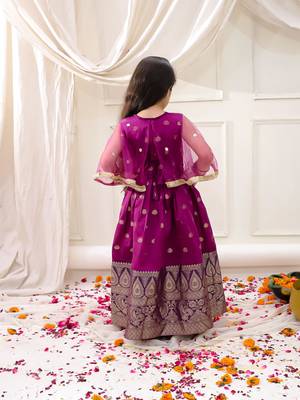 Purple embroidered jacquard silk gown pattu for girls 2