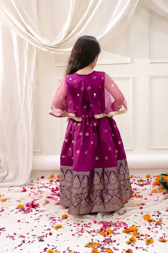 Purple embroidered jacquard silk gown pattu for girls