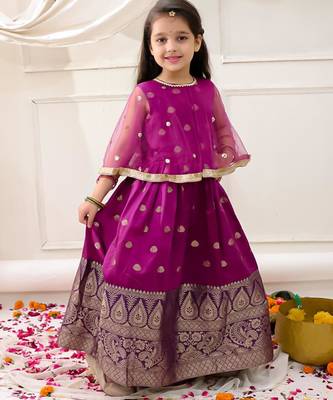 Purple embroidered jacquard silk gown pattu for girls 3