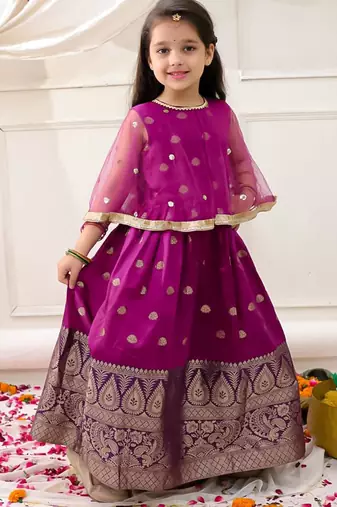 Purple embroidered jacquard silk gown pattu for girls
