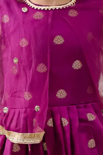 Purple embroidered jacquard silk gown pattu for girls