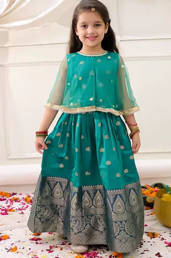 Green embroidered jacquard silk gown pattu for girls