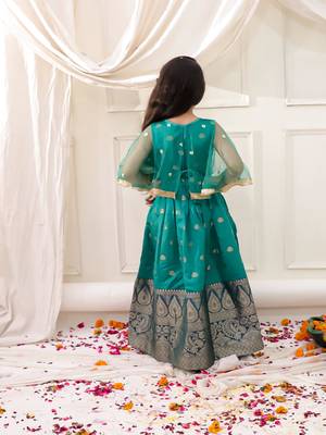 Green embroidered jacquard silk gown pattu for girls 2