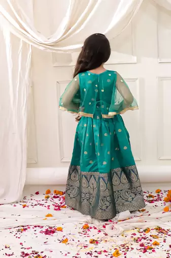 Green embroidered jacquard silk gown pattu for girls
