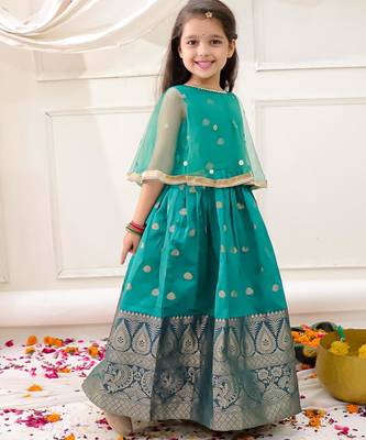 Green embroidered jacquard silk gown pattu for girls 3