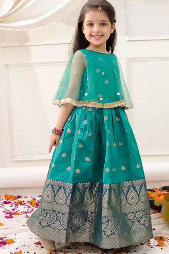 Green embroidered jacquard silk gown pattu for girls