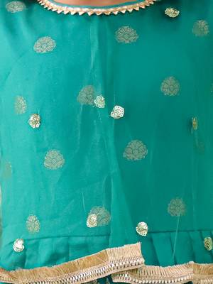 Green embroidered jacquard silk gown pattu for girls 4