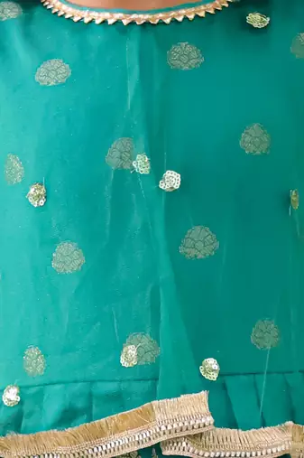 Green embroidered jacquard silk gown pattu for girls
