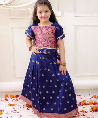 Navy woven jacquard silk lehenga choli set for girls 1