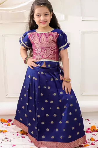 Navy woven jacquard silk lehenga choli set for girls