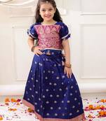 Navy woven jacquard silk lehenga choli set for girls