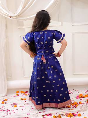 Navy woven jacquard silk lehenga choli set for girls 2