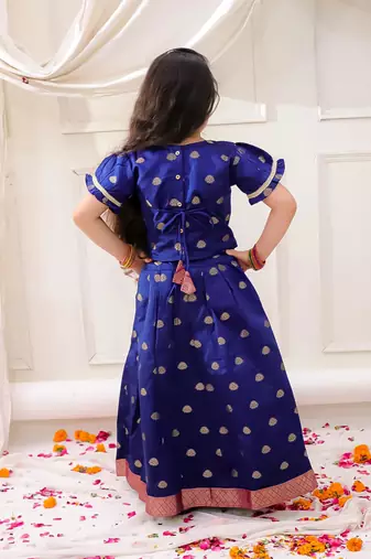 Navy woven jacquard silk lehenga choli set for girls