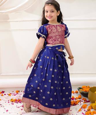 Navy woven jacquard silk lehenga choli set for girls 3