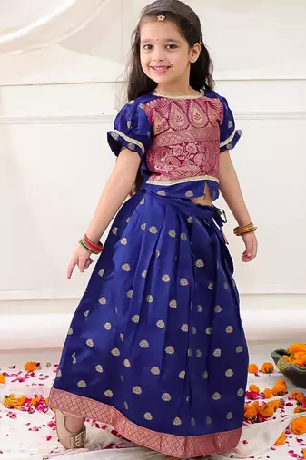 Navy woven jacquard silk lehenga choli set for girls