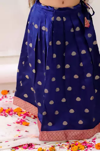 Navy woven jacquard silk lehenga choli set for girls