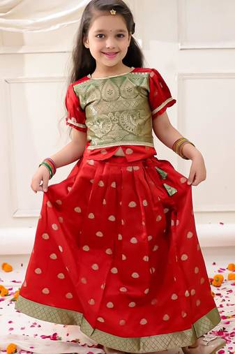 Red woven jacquard silk lehenga choli set for girls