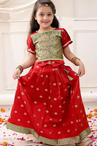 Red woven jacquard silk lehenga choli set for girls