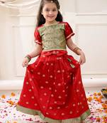 Red woven jacquard silk lehenga choli set for girls