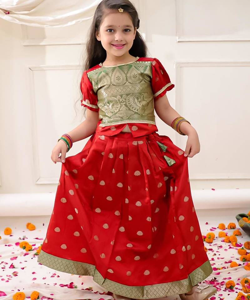 Red woven jacquard silk lehenga choli set for girls