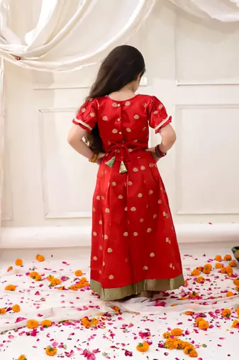 Red woven jacquard silk lehenga choli set for girls