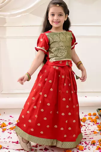 Red woven jacquard silk lehenga choli set for girls