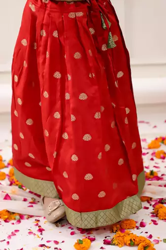 Red woven jacquard silk lehenga choli set for girls