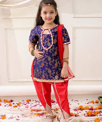 Navy woven jacquard silk kurti dhoti with dupatta set for girls 1