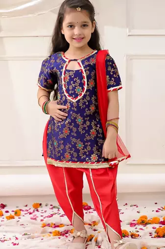 Navy woven jacquard silk kurti dhoti with dupatta set for girls