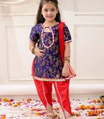 Navy woven jacquard silk kurti dhoti with dupatta set for girls